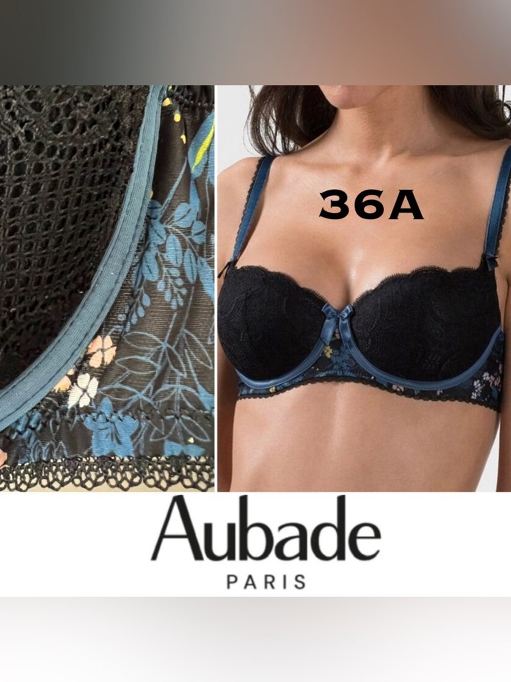🧑‍🎨Femme Artist Plunge Nocturne Aubade Black Lace Underwire Bra Blue Floral Pads